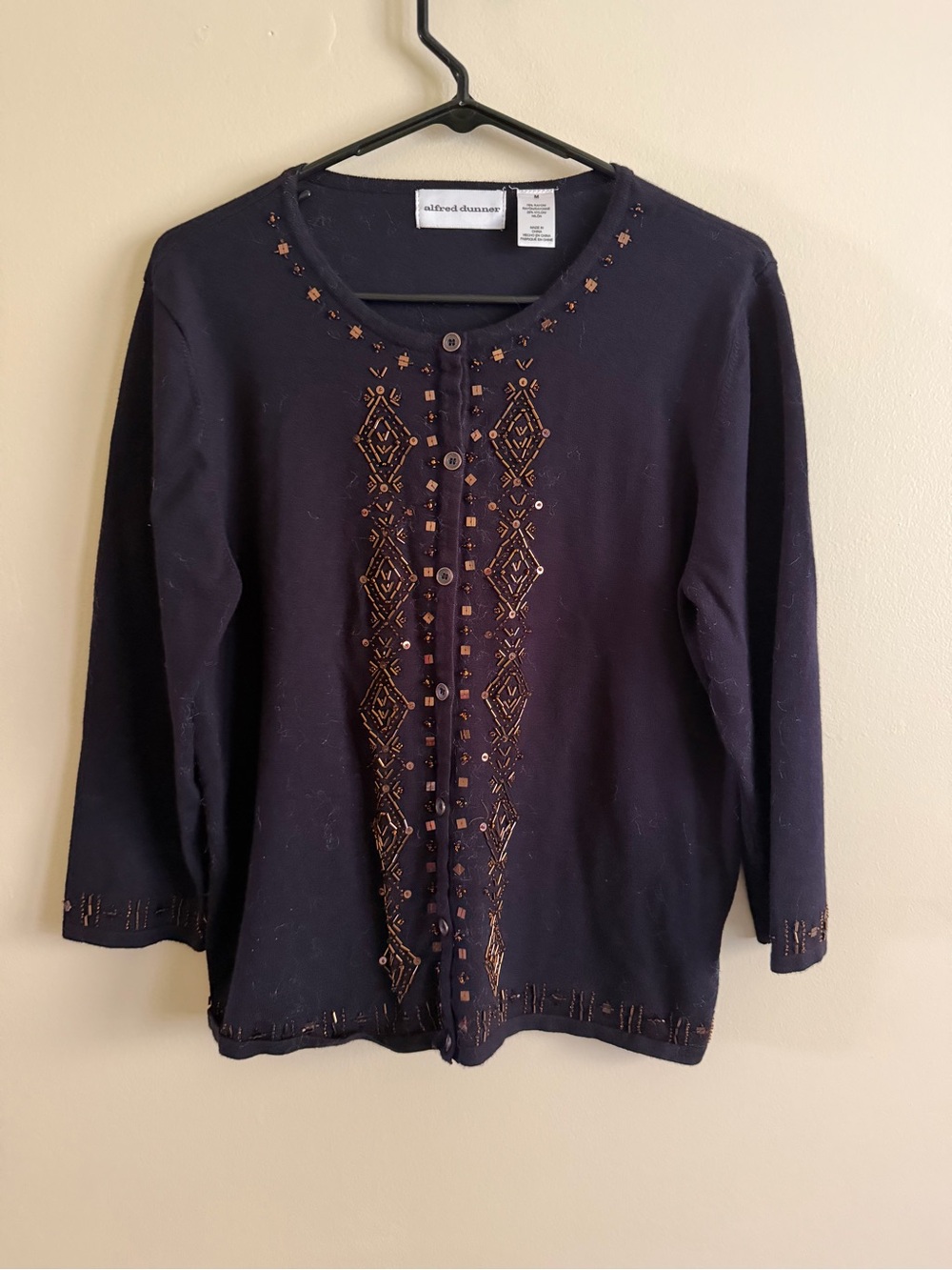 Alfred Dunner Navy Button-Front Cardigan with Bronze Embroidery